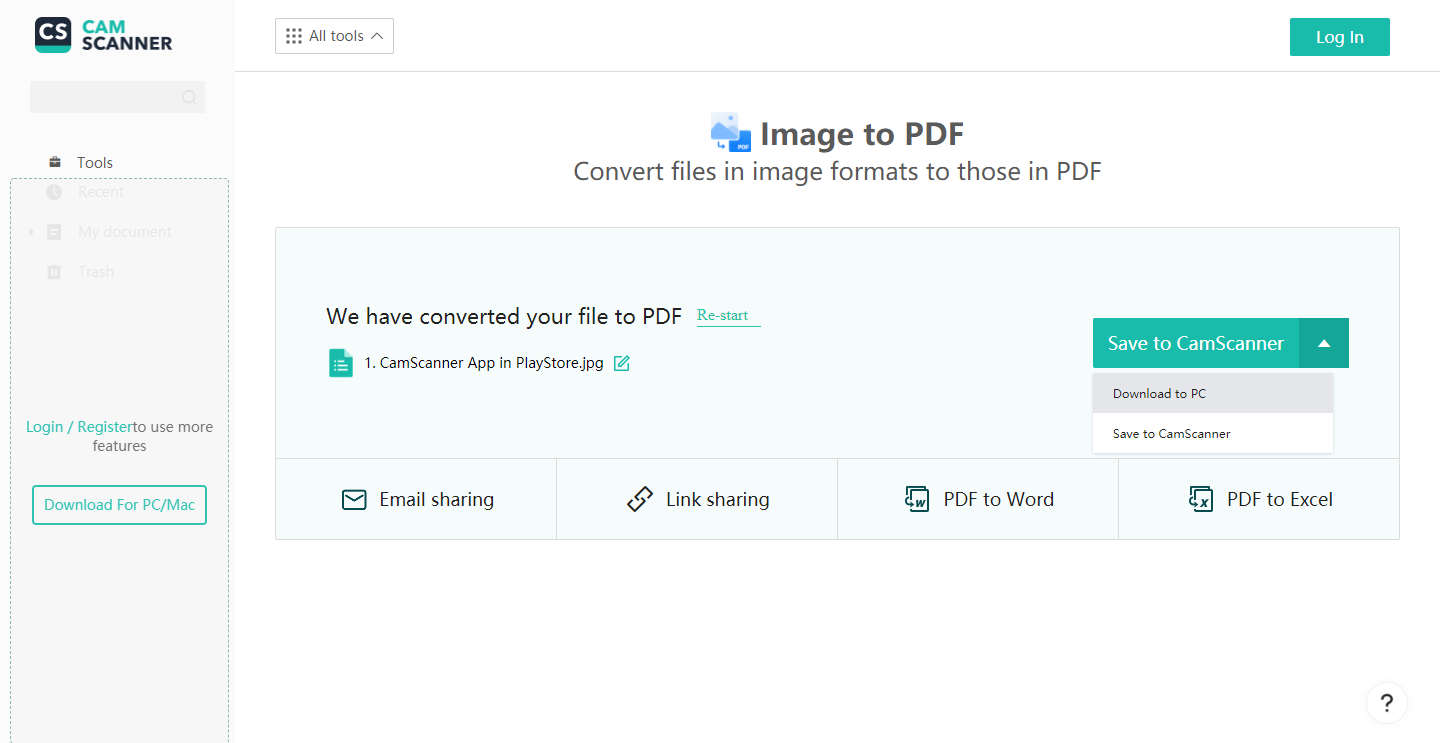 how to select picture and save as pdf file in camscanner